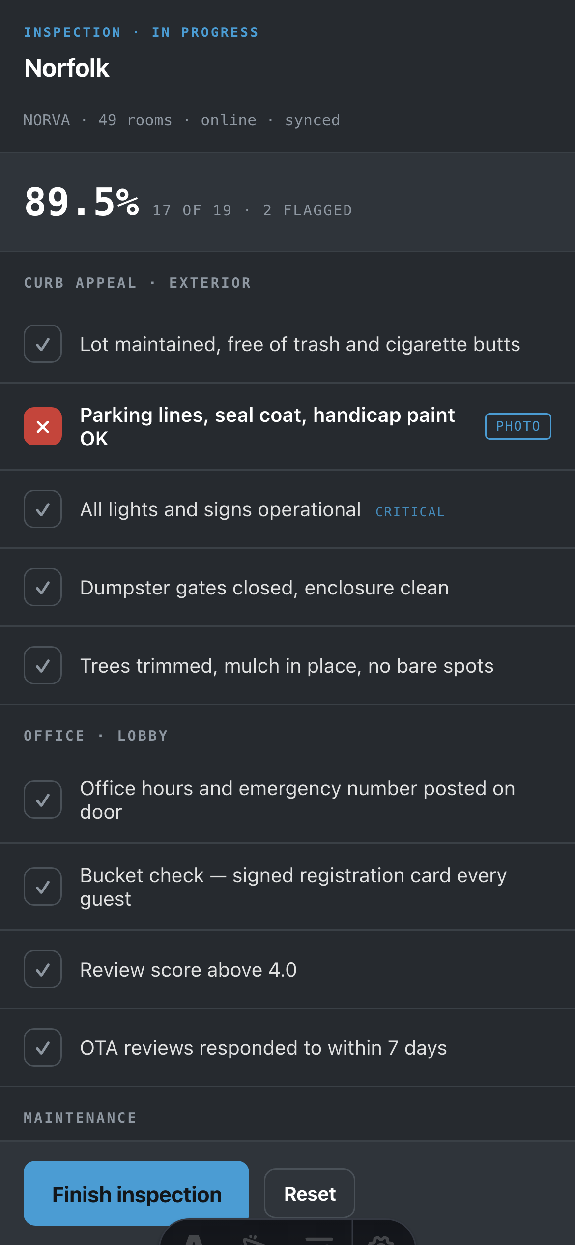 The Provenance inspection screen on a phone, showing a live score of 89.5 percent with two failed items flagged and one marked not applicable.